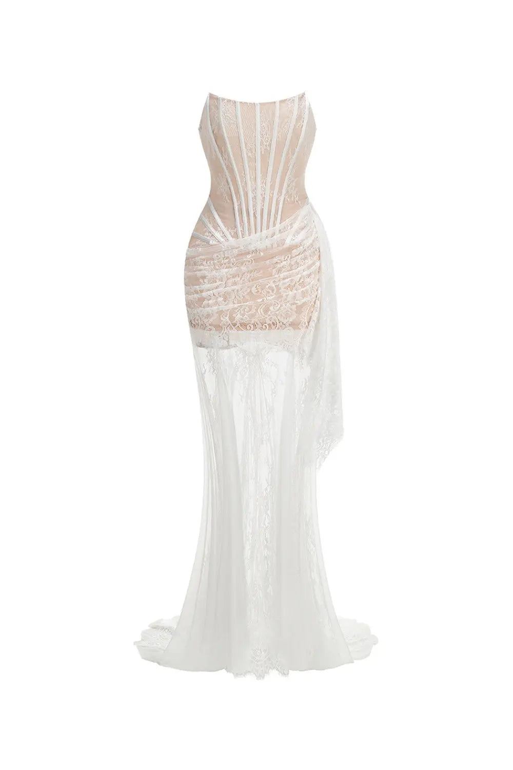 rita ivory sheer lace corset maxi dress with draped neckline Avalabel