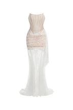 rita ivory sheer lace corset maxi dress with draped neckline Avalabel