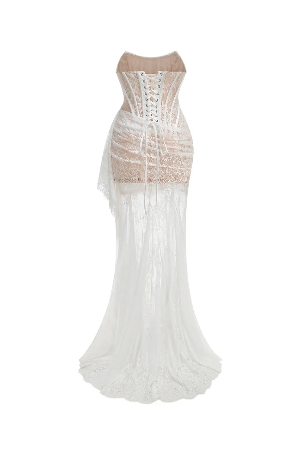 rita ivory sheer lace corset maxi dress with draped neckline Avalabel