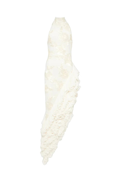 roberta white Asymmetric appliqué halter sleeveless midi dress