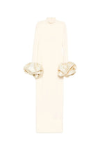 rachel white ruffled crystal-embellished crepe mock-neck gown Avalabel