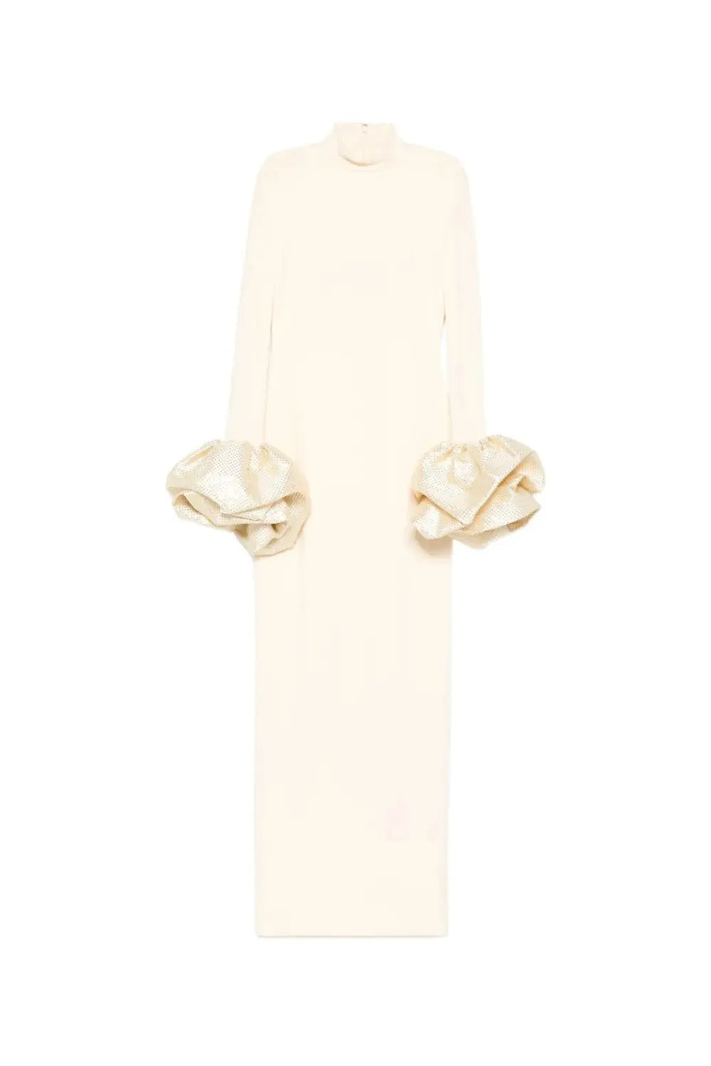 rachel white ruffled crystal-embellished crepe mock-neck gown Avalabel