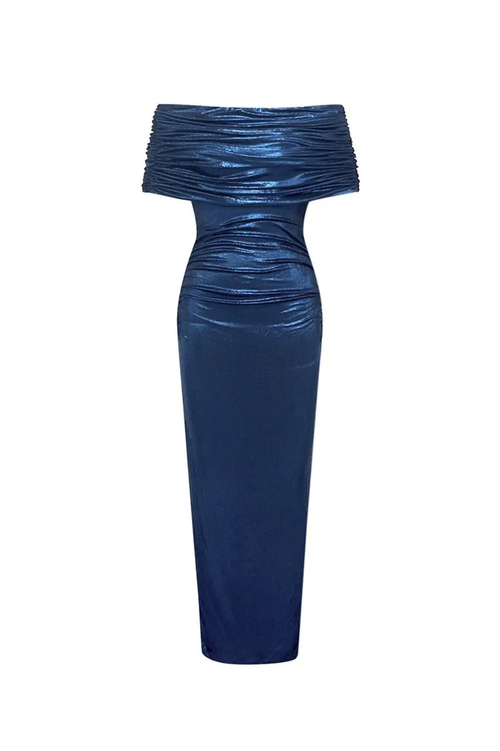 doris dark blue Contour Metallic Off Shoulder Ruched Maxi Dress Avalabel