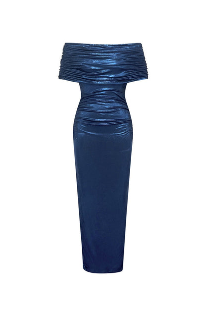 doris dark blue Contour Metallic Off Shoulder Ruched Maxi Dress