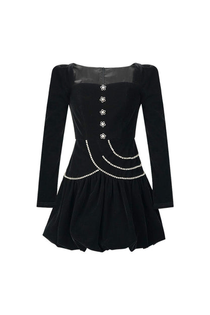 vanessa black square neck rhinestone velvet mini dress