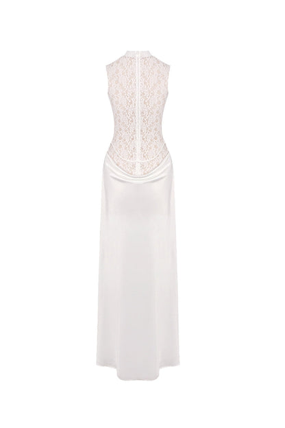 giselle flower embellished sleeveless lace maxi dress  in white