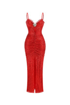 bertha high slit pleated sequin maxi dress in red Avalabel
