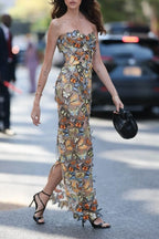 vivien multicolor 3D Butterfly Lace Strapless maxi Dress Avalabel