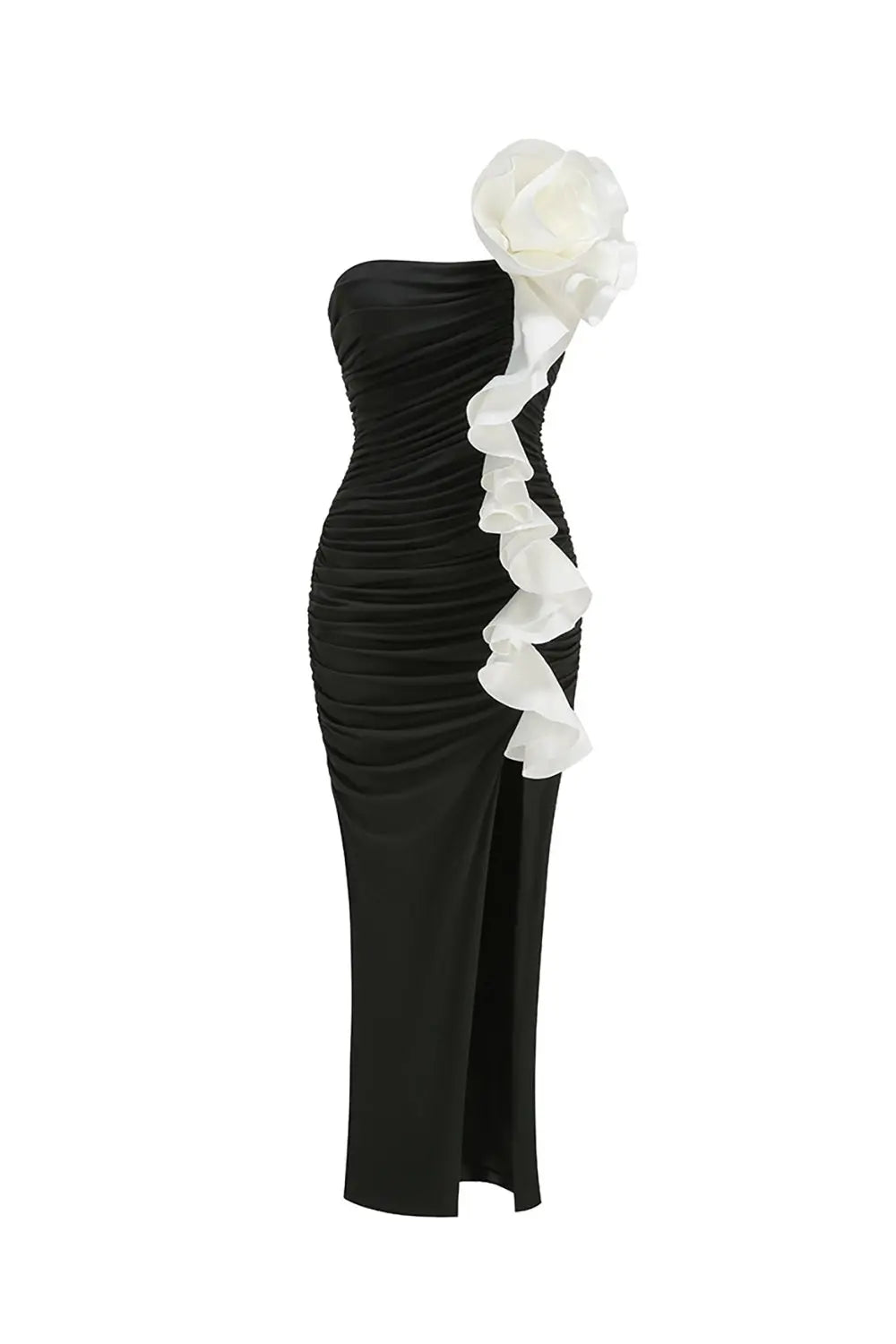 judy One Shoulder Peony Ruffle Gown in black Avalabel