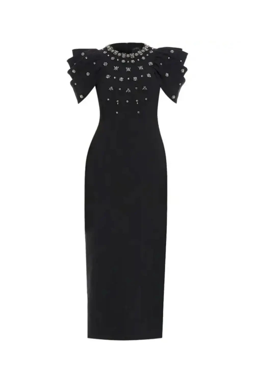 Roxanne Crystal-Embellished Crepe Bodycon Gown in Black Avalabel