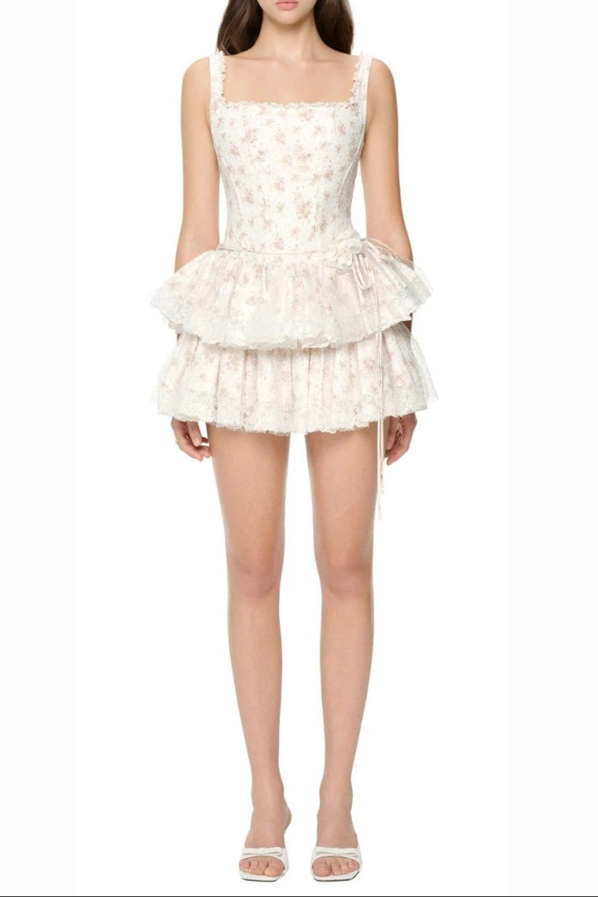 Alisa Floral Printed Lace Trim Mini Dress in White Avalabel