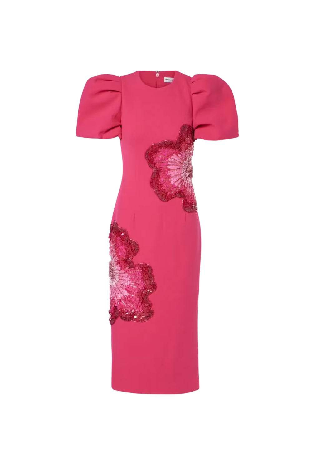 Sequin Flower Embellished Puff Sleeve Midi Dress in Pink Avalabel