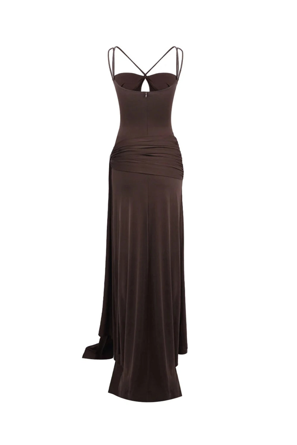 Pleated Strappy Draped Slit Maxi Dress in Brown Avalabel