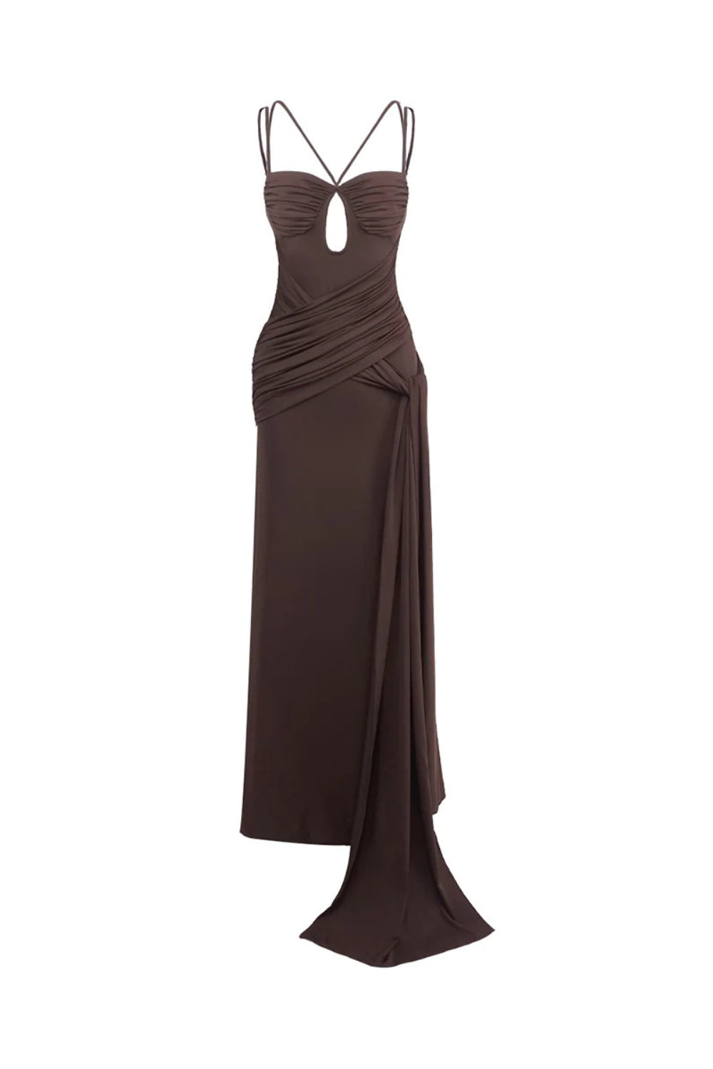 Pleated Strappy Draped Slit Maxi Dress in Brown Avalabel