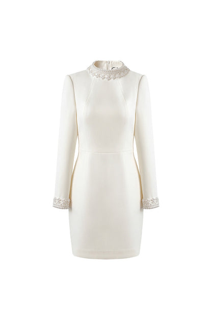 Beaded Cuffs Long Sleeve Mini Dress in White