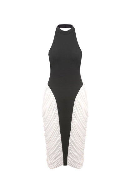 Colorblock Patchwork Sleeveless Pleated Midi Dress