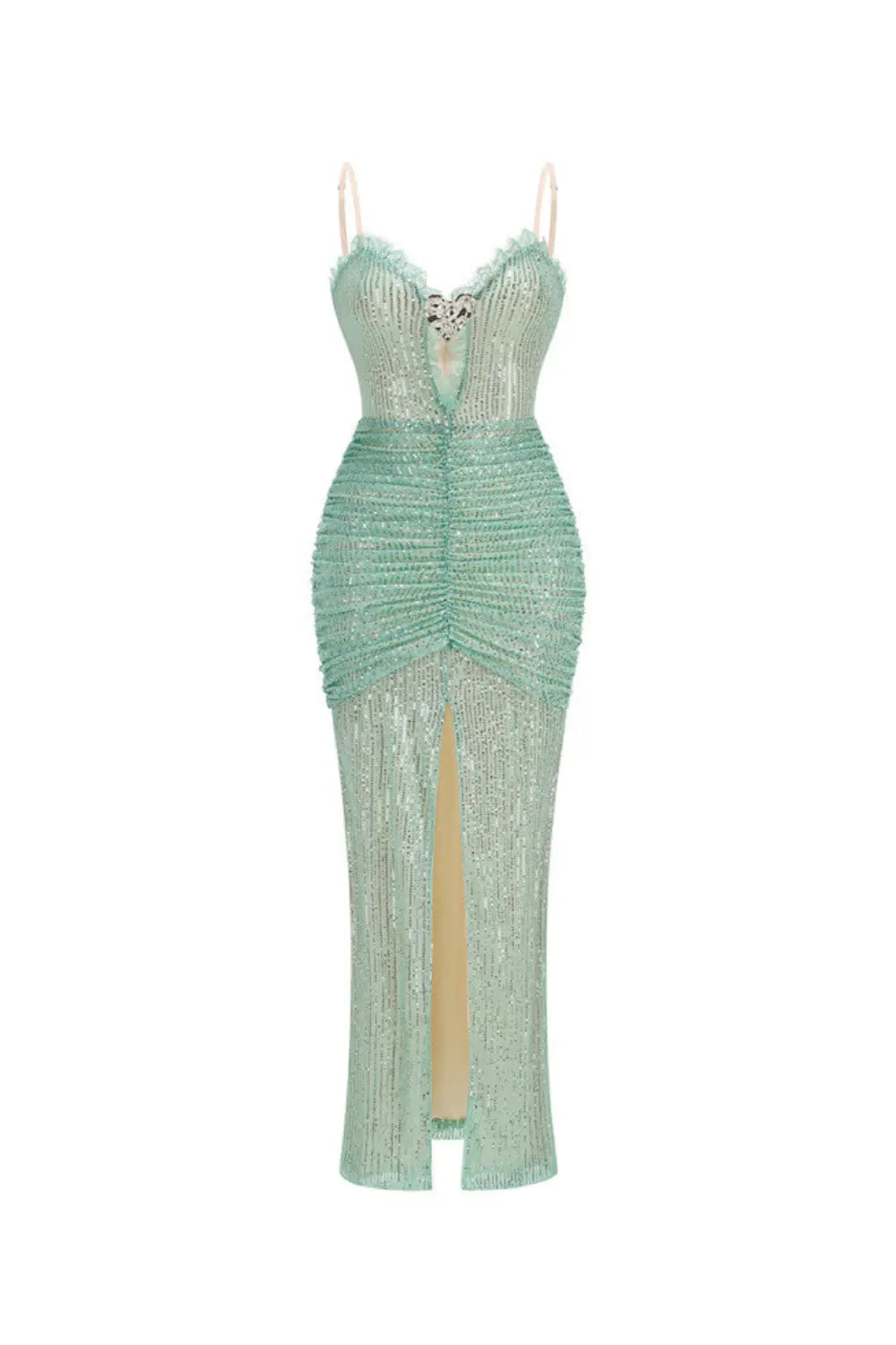 bertha high slit pleated sequin maxi dress in green Avalabel