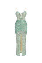 bertha high slit pleated sequin maxi dress in green Avalabel
