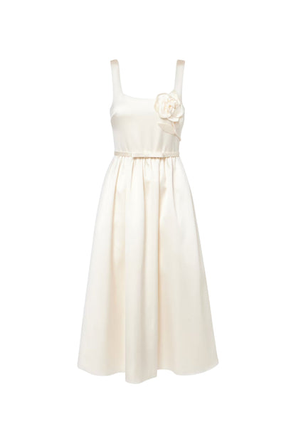 Polly Floral-Appliqué Satin Midi Dress in Ivory