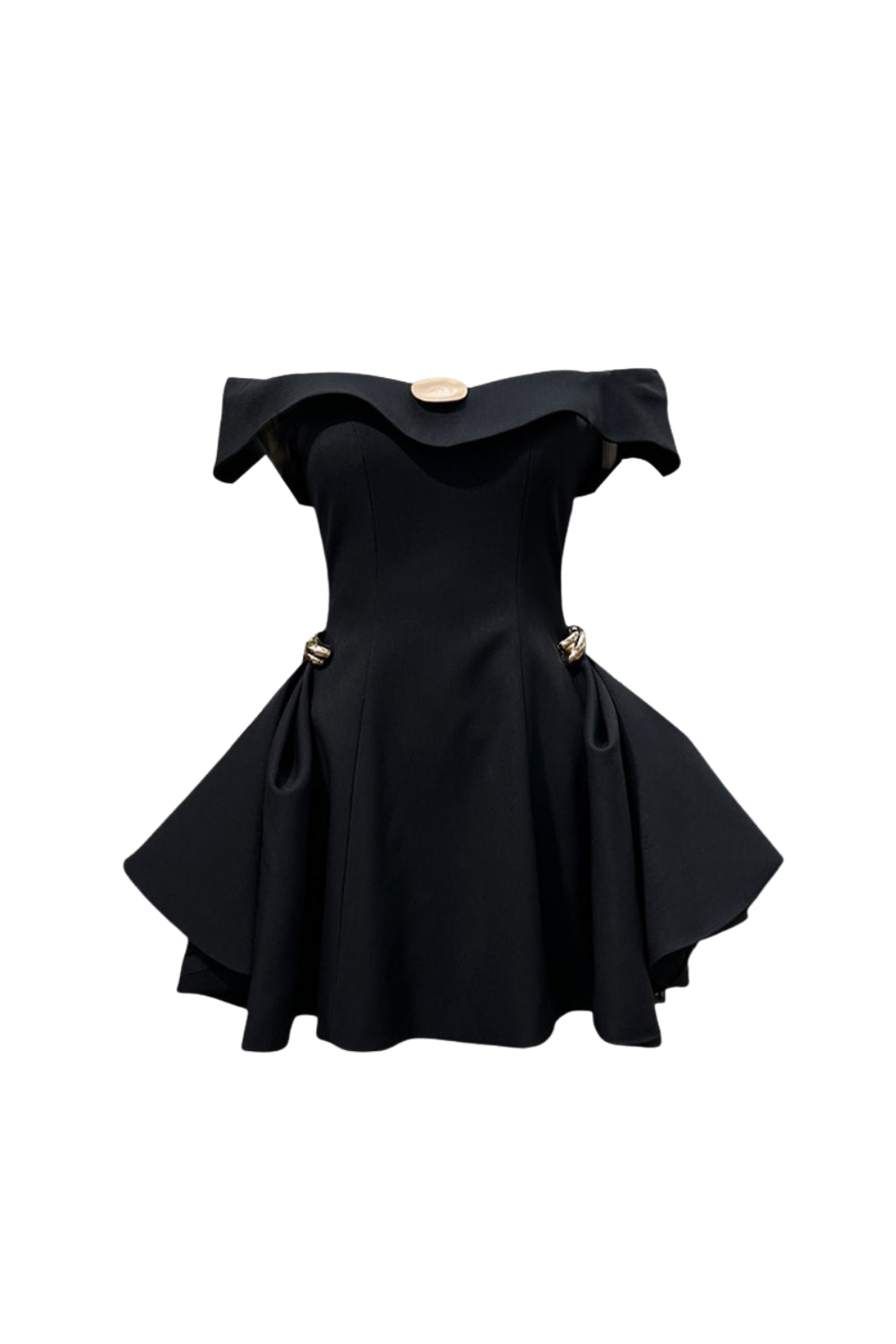 Metal Detail A-Line Off-Shoulder Mini Dress in Black Soraya