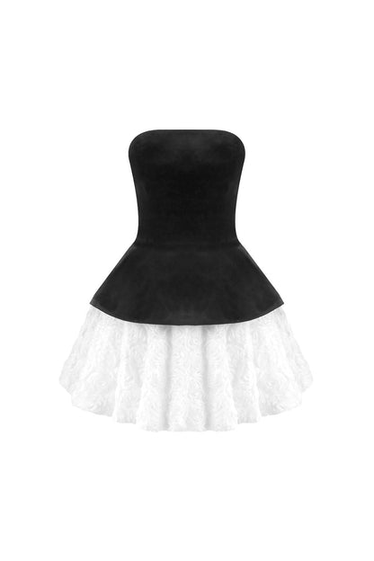 Petal-Layered Velvet Top Mini Skirt Suit Without Glove - Black/White