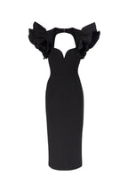 blanche ruffle crepe midi dress in black Avalabel