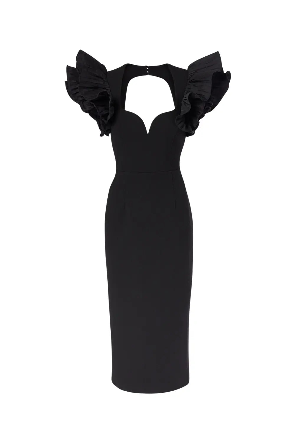 blanche ruffle crepe midi dress in black Avalabel