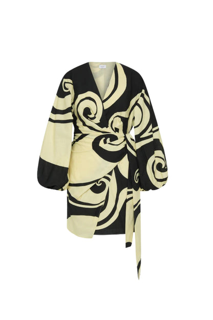 Oceanic Swirl V-Neck Puff Sleeve Mini Dress