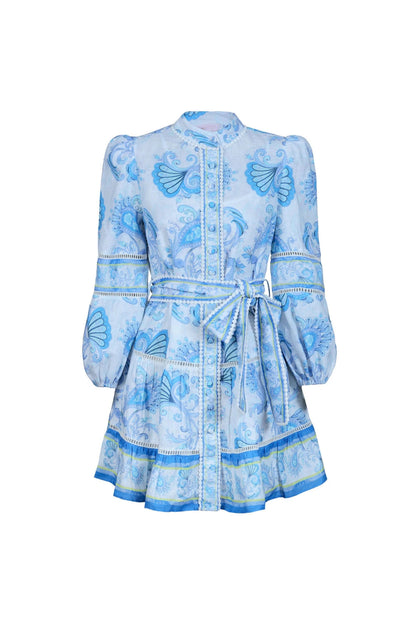 Vicky Floral Print Puff Sleeve Mini Dress in Blue