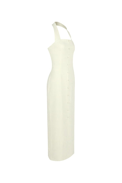 Almond Woven Halter Button Maxi Dress