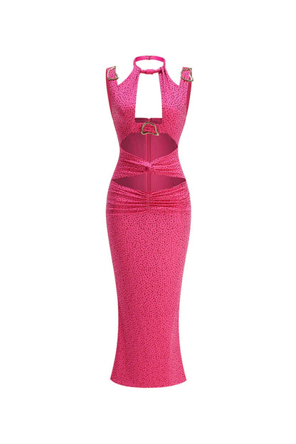 Claire Crystal Embellished Cutout Maxi Dress in Rose Red