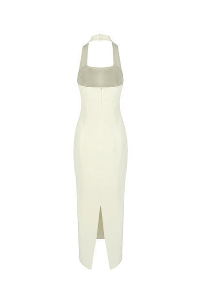 Almond Woven Halter Button Maxi Dress
