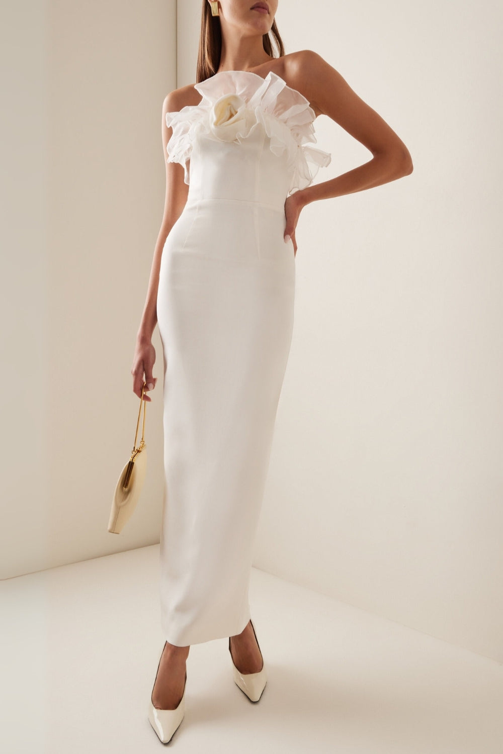 Ruffled Silk Strapless Midi Dress in Beige Avalabel