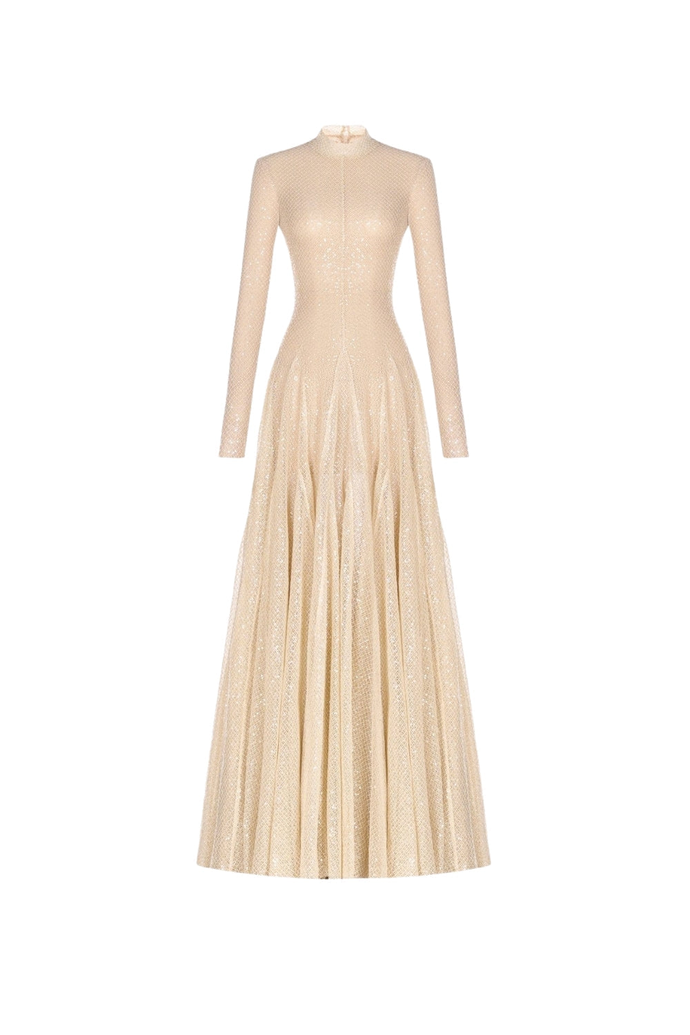 Anila Beige Mesh Long Sleeve Slim Maxi Dress Avalabel