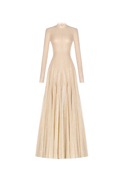 Anila Beige Mesh Long Sleeve Slim Maxi Dress