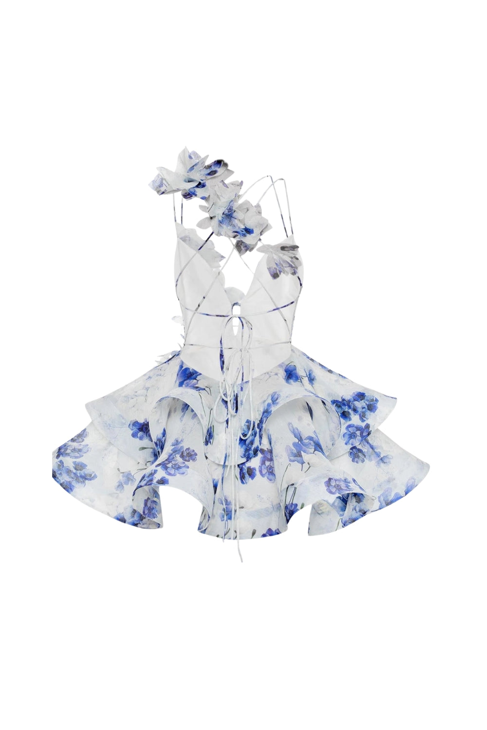 Helen 3D Flower Chiffon Ruffle Mini Dress in Blue Avalabel