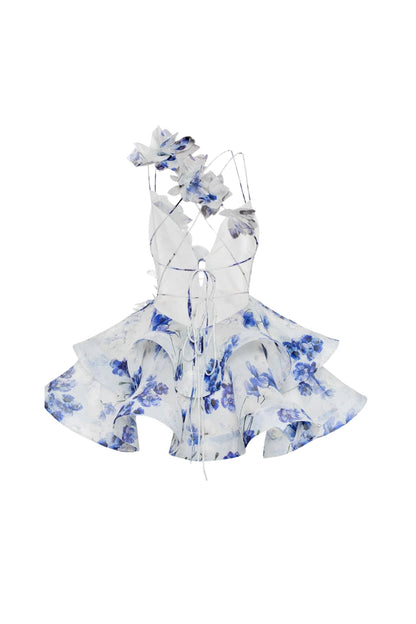 Helen 3D Flower Chiffon Ruffle Mini Dress in Blue