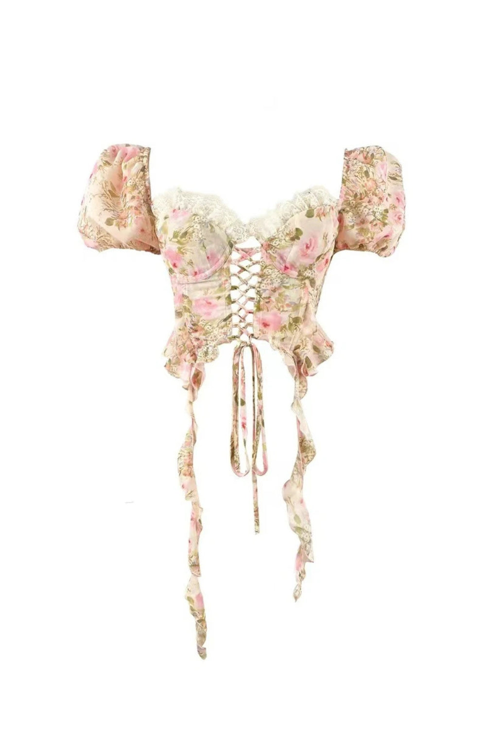 Pink Tie-Drape Chiffon Shirt with Ruffled Puff Sleeves Avalabel