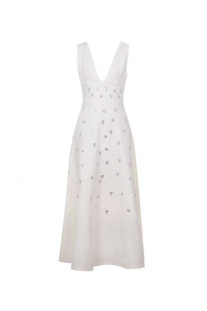 Lily Diamond V-Neck Midi Dress in White