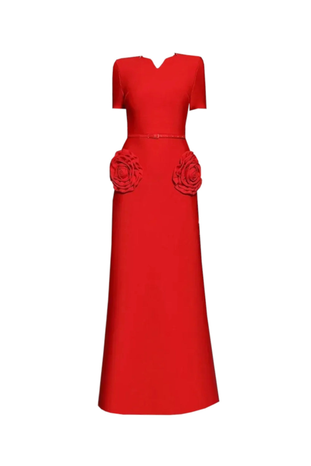 3D Flower Embellished Slim Maxi Dress in Red Avalabel