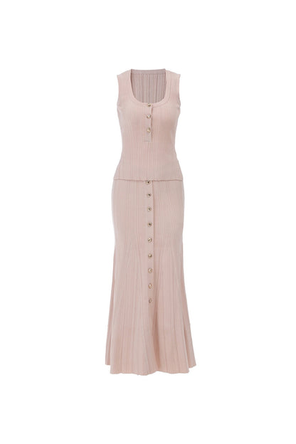 Eartha Sleeveless Knitted Dress Top Skirt Set in Apricot