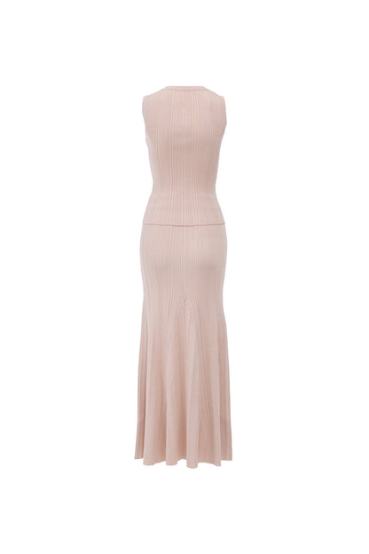 Eartha Sleeveless Knitted Dress Top Skirt Set in Apricot