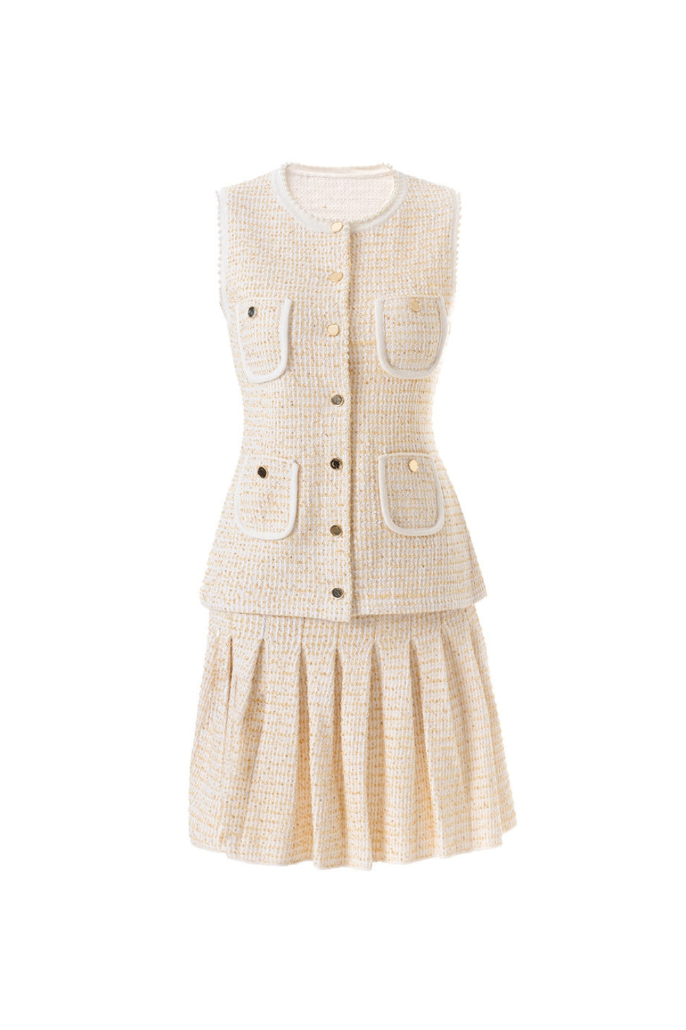 Celeste Tweed Button-Front Vest Pleated Skirt Set in Apricot Avalabel