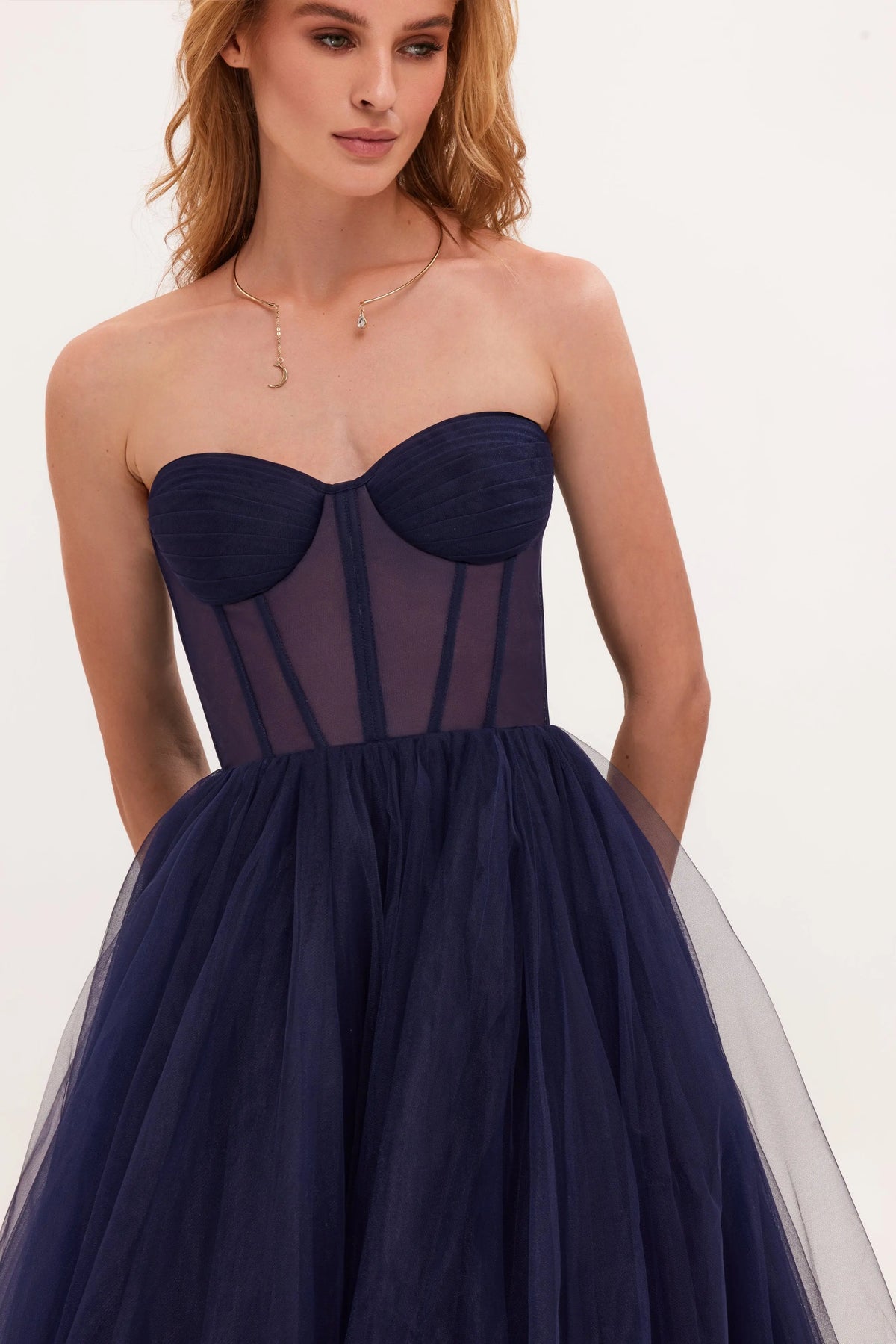 Navy Strapless Puffy Midi Tulle Dress Avalabel