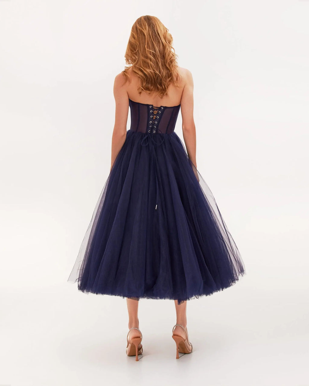 Navy Strapless Puffy Midi Tulle Dress Avalabel