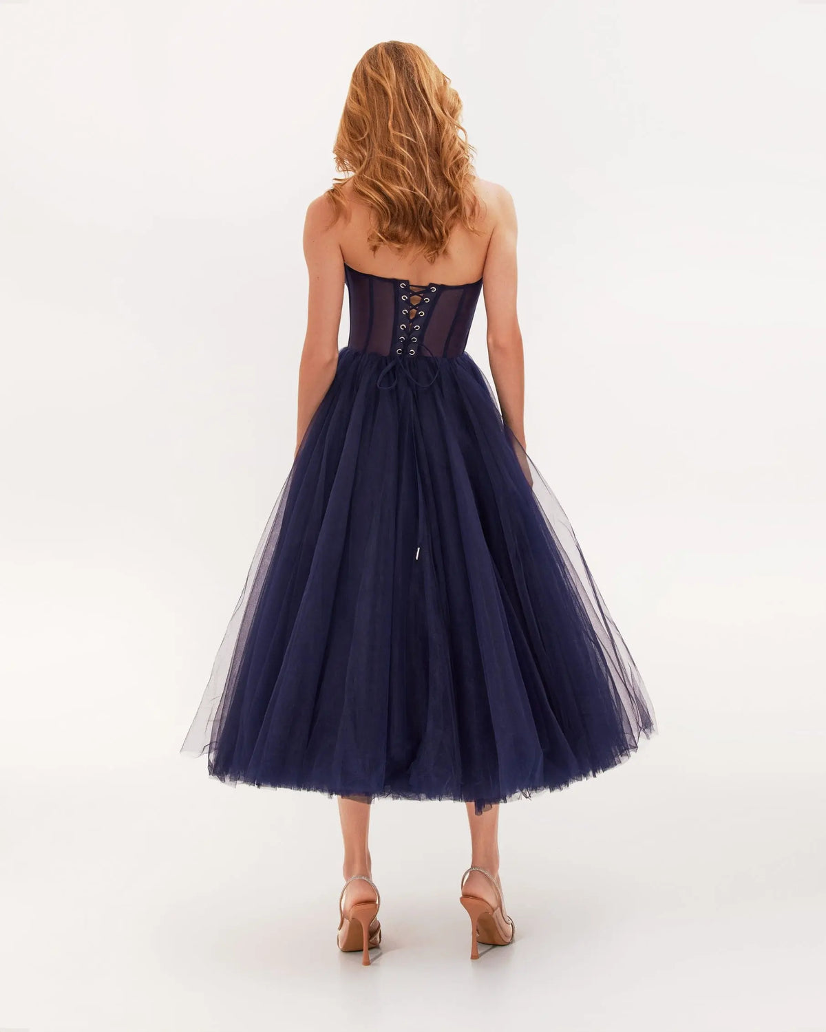 Navy Strapless Puffy Midi Tulle Dress Avalabel