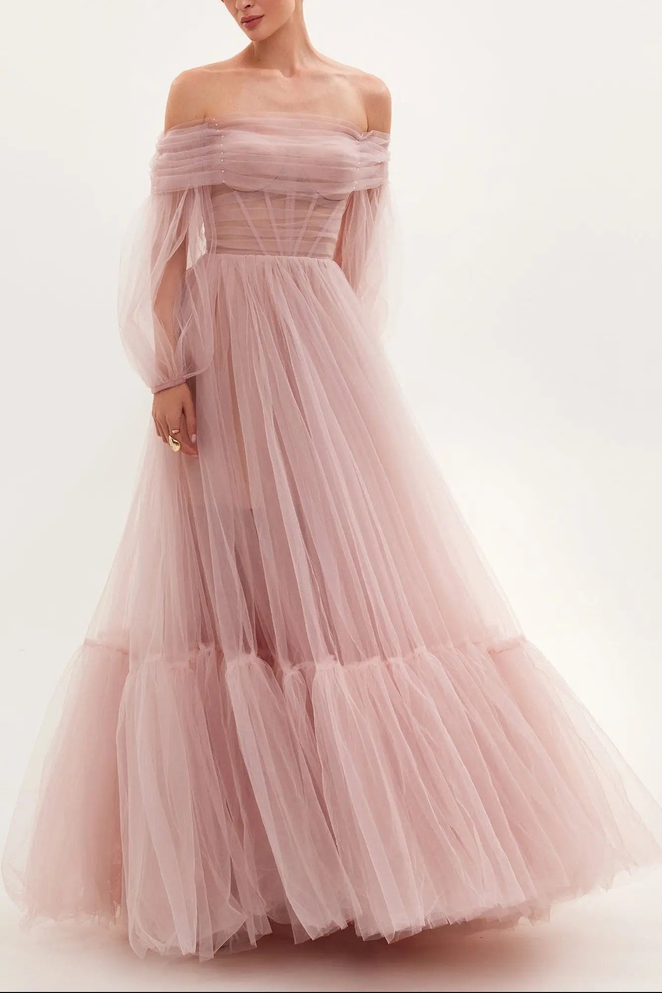 Misty Rose Sheer Sleeves Maxi Tulle Dress Avalabel