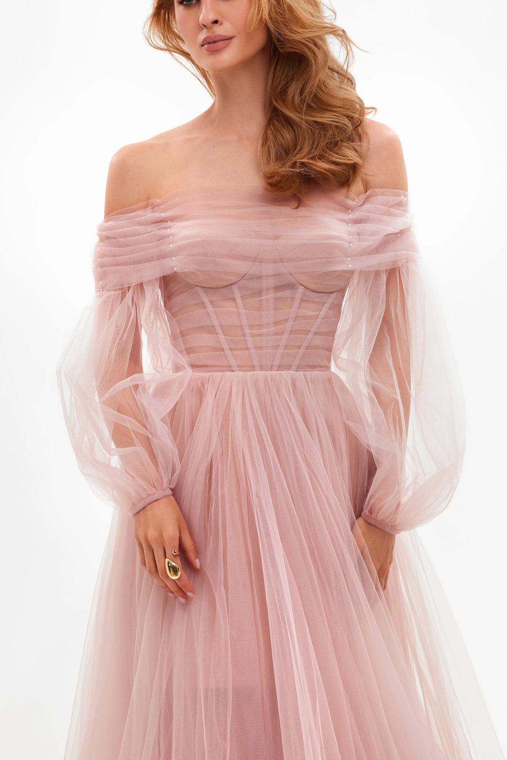 Misty Rose Sheer Sleeves Maxi Tulle Dress Avalabel