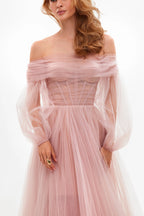 Misty Rose Sheer Sleeves Maxi Tulle Dress Avalabel