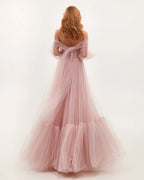 Misty Rose Sheer Sleeves Maxi Tulle Dress Avalabel